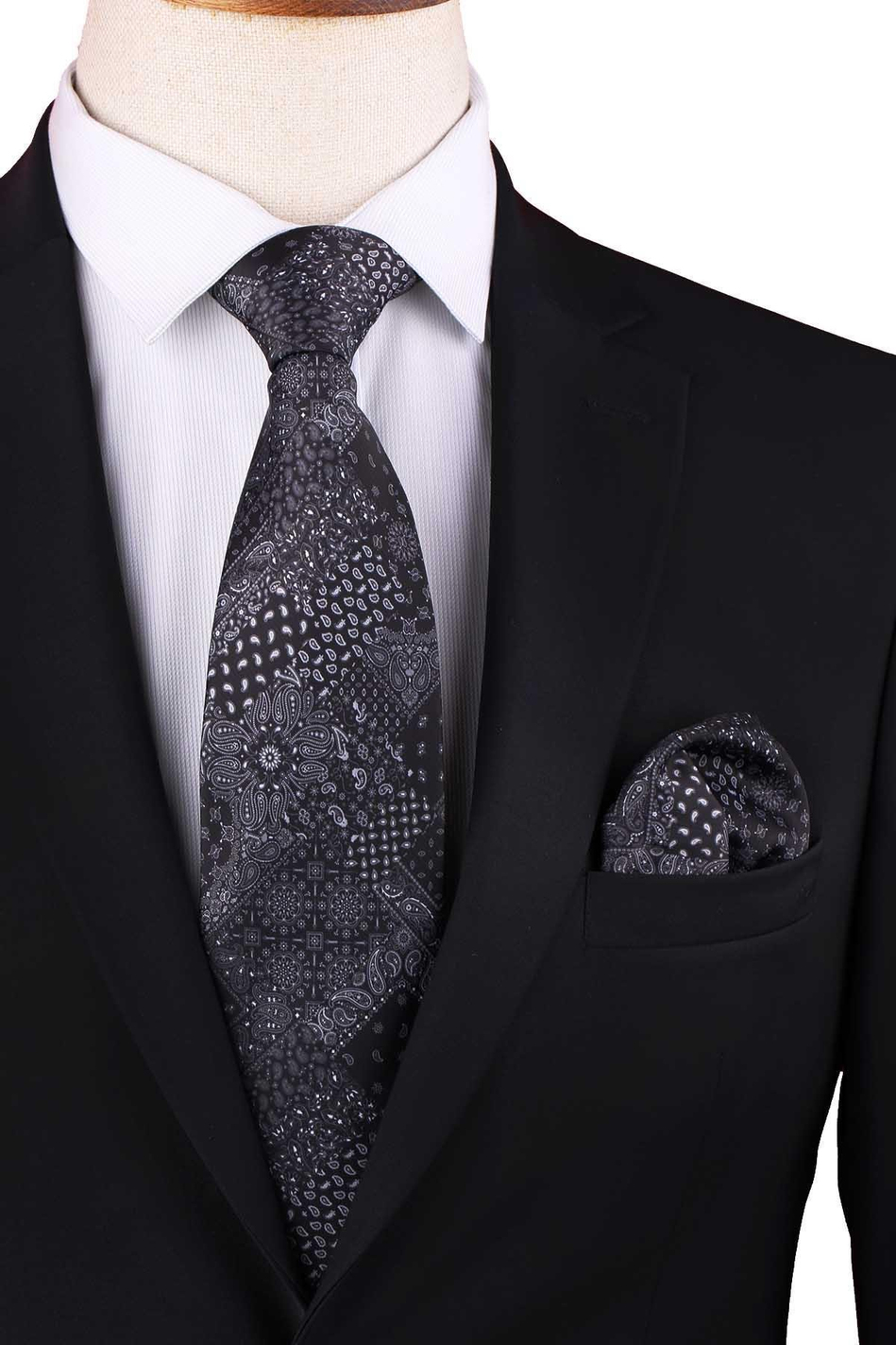 Siyah Patchwork Desen Baskılı Mendilli Klasik Kravat KK13350