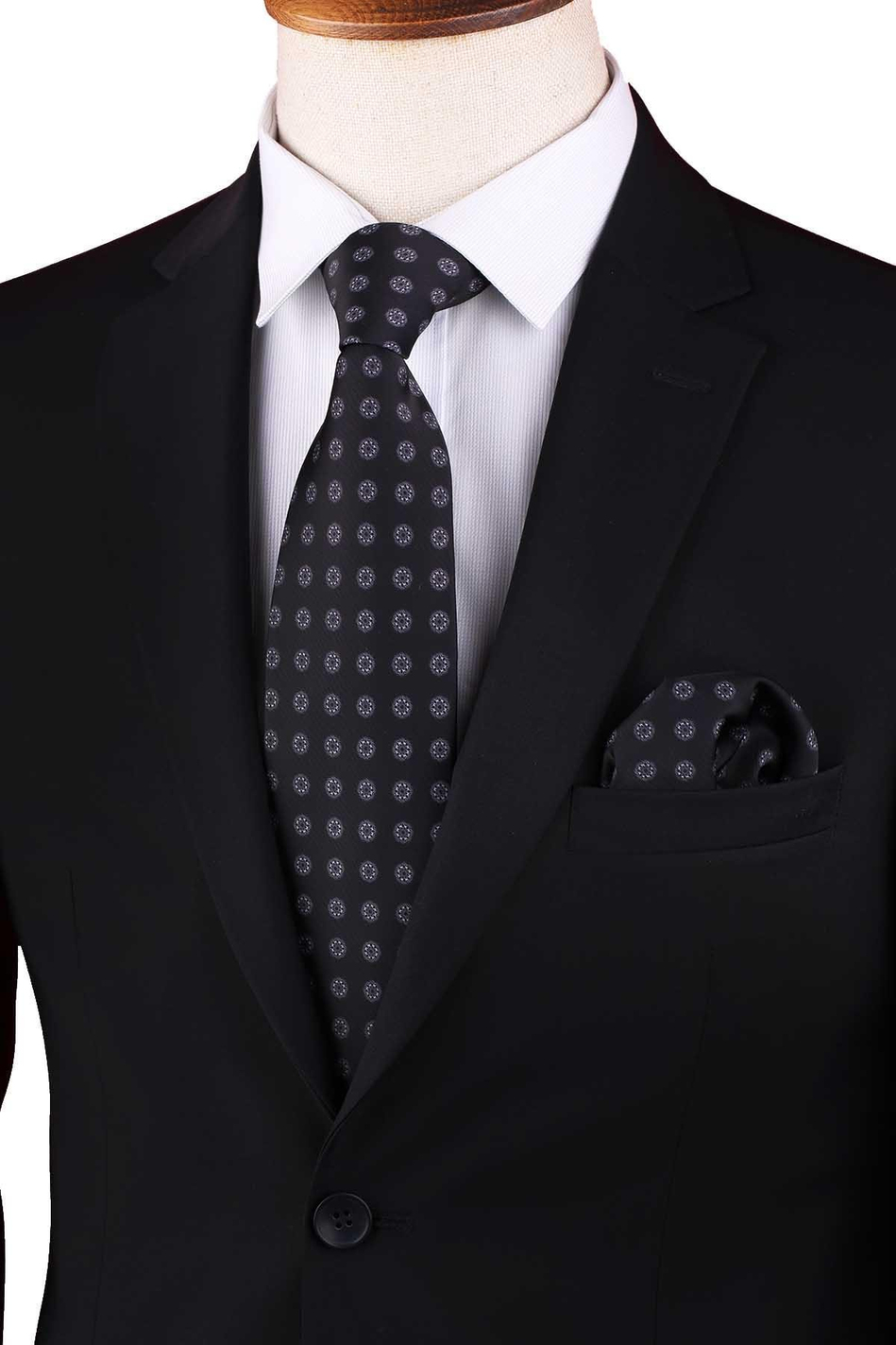 Siyah Puantiye Desen Baskılı Mendilli Klasik Kravat KK13354