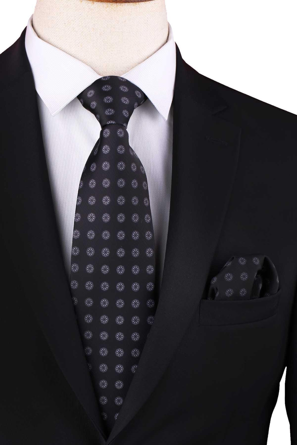 Siyah Puantiye Desen Baskılı Mendilli Klasik Kravat KK13354