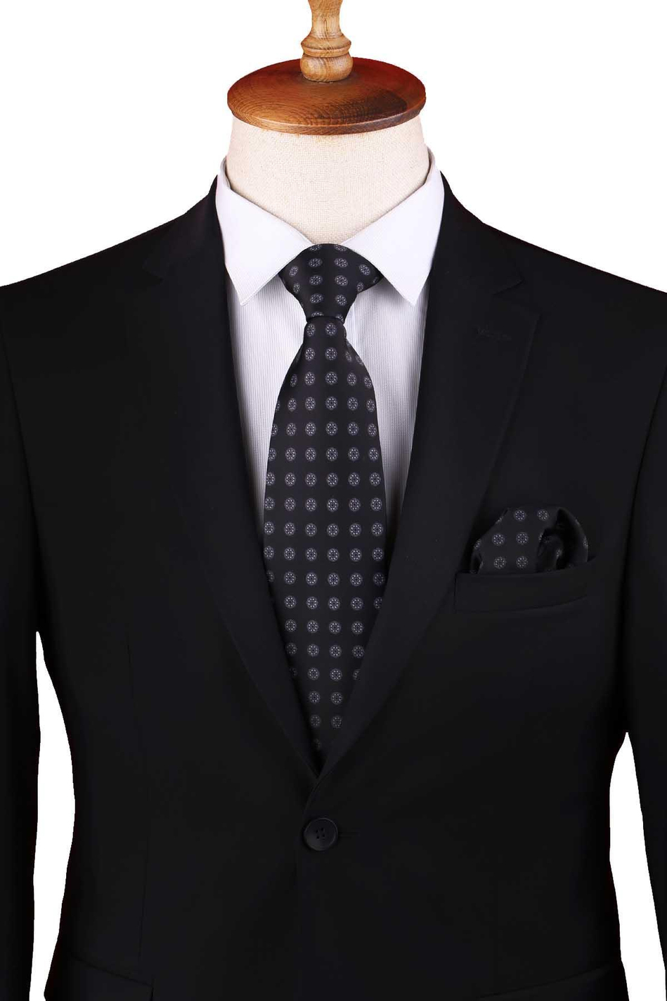 Siyah Puantiye Desen Baskılı Mendilli Klasik Kravat KK13354