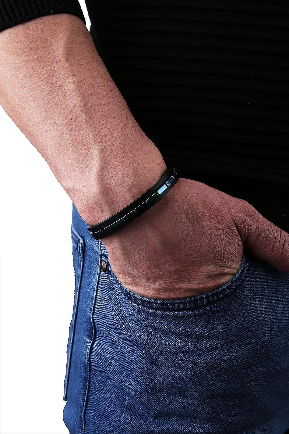 Siyah Renkli Taşlı Deri Çelik Erkek Bileklik BLK1645