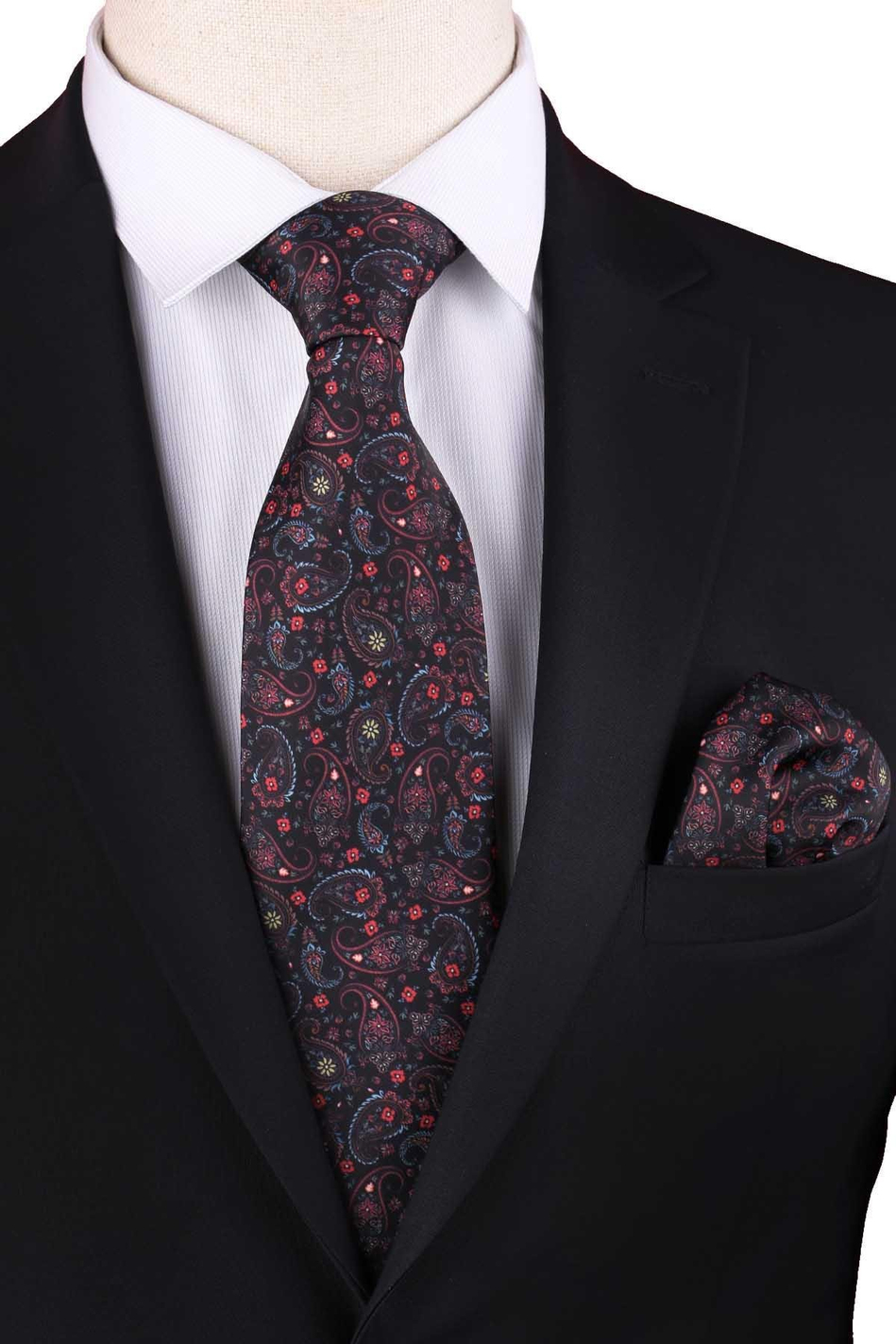 Siyah Şal Desen Baskılı Mendilli Klasik Kravat KK13348