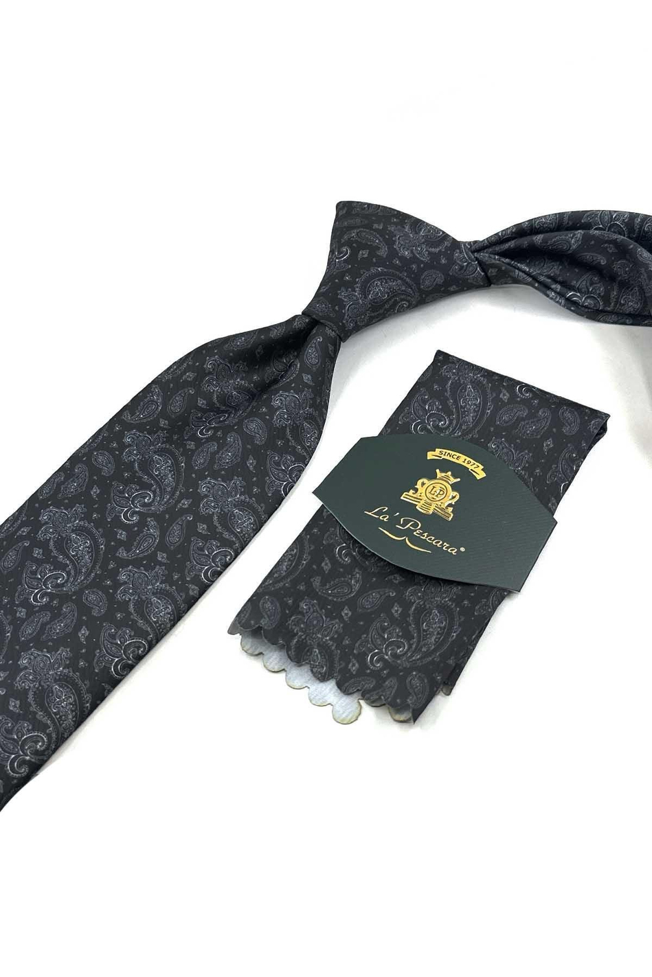 Siyah Şal Desen Baskılı Mendilli Klasik Kravat KK13358