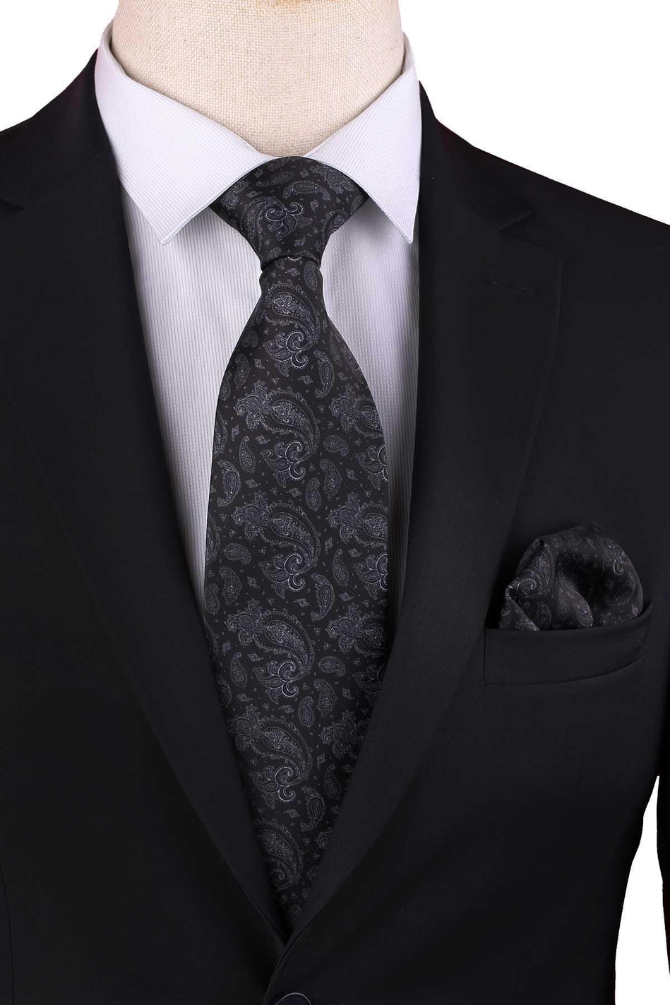 Siyah Şal Desen Baskılı Mendilli Klasik Kravat KK13358