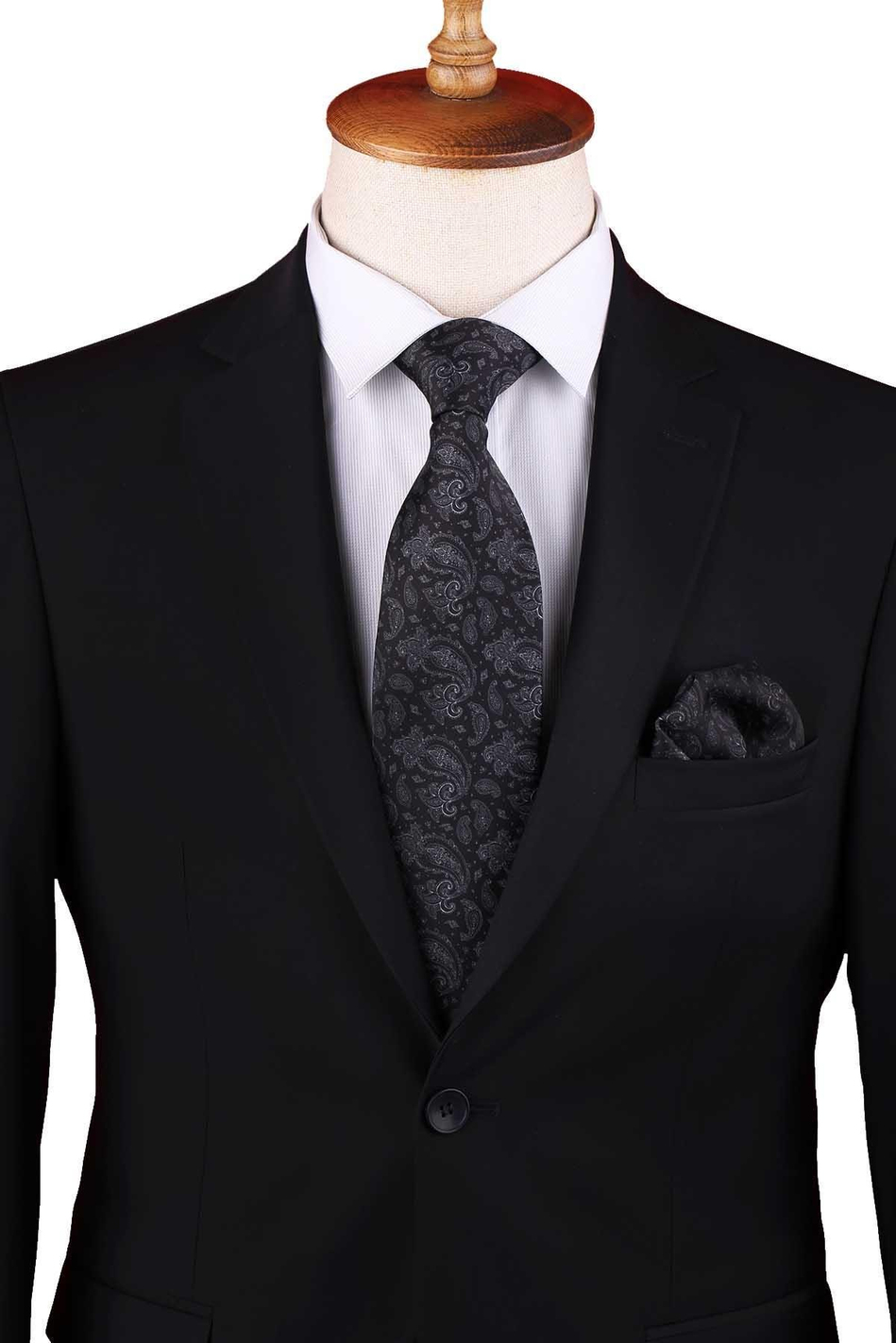 Siyah Şal Desen Baskılı Mendilli Klasik Kravat KK13358