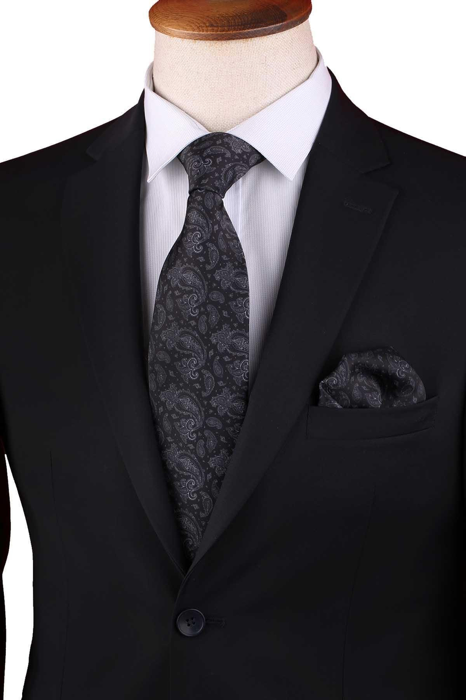 Siyah Şal Desen Baskılı Mendilli Klasik Kravat KK13358