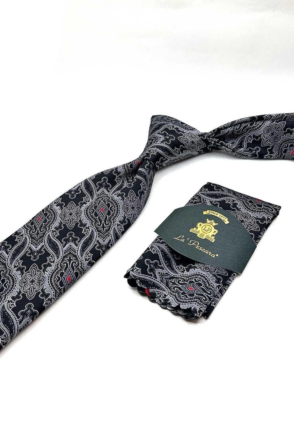 Siyah Şal Desen Mendilli Klasik Kravat KK12859