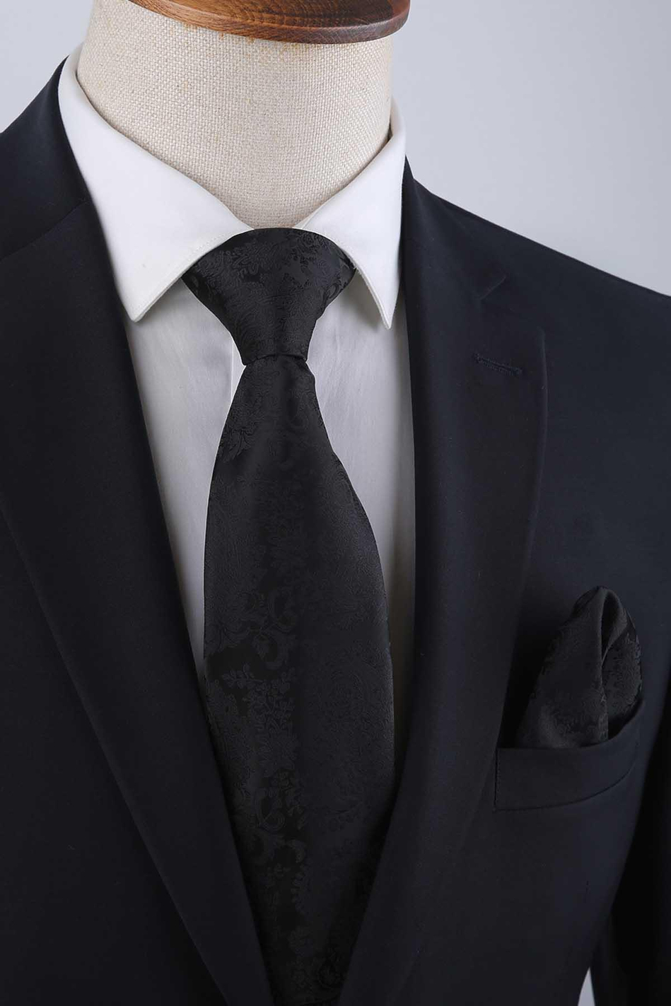 Siyah Şal Desen Mendilli Klasik Kravat KK13117