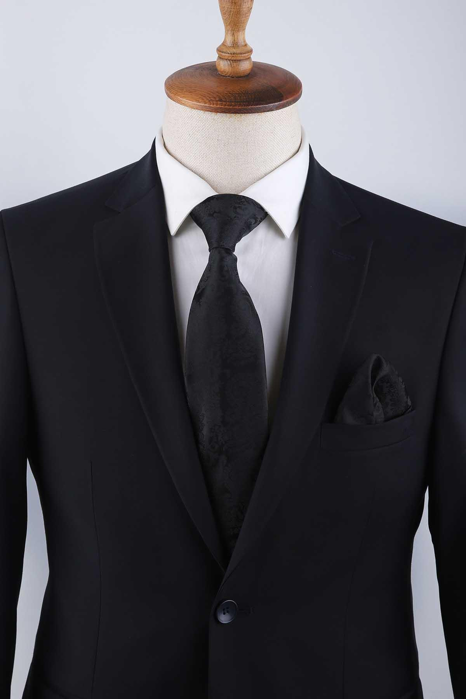 Siyah Şal Desen Mendilli Klasik Kravat KK13117