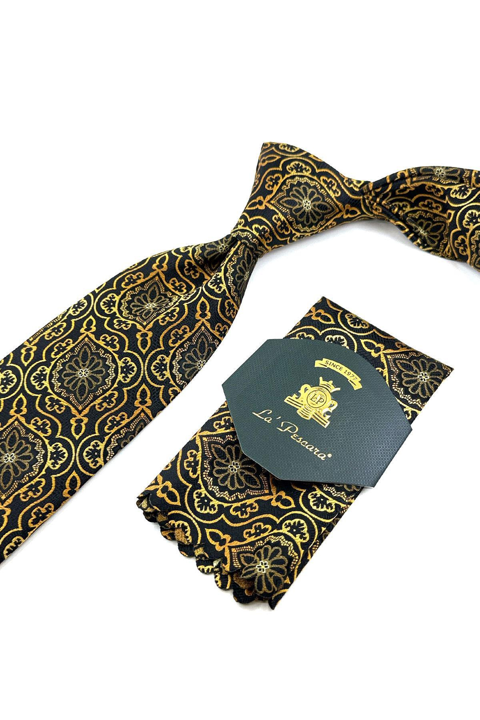 Siyah - Sarı Motif Desen Mendilli Klasik Kravat KK11980