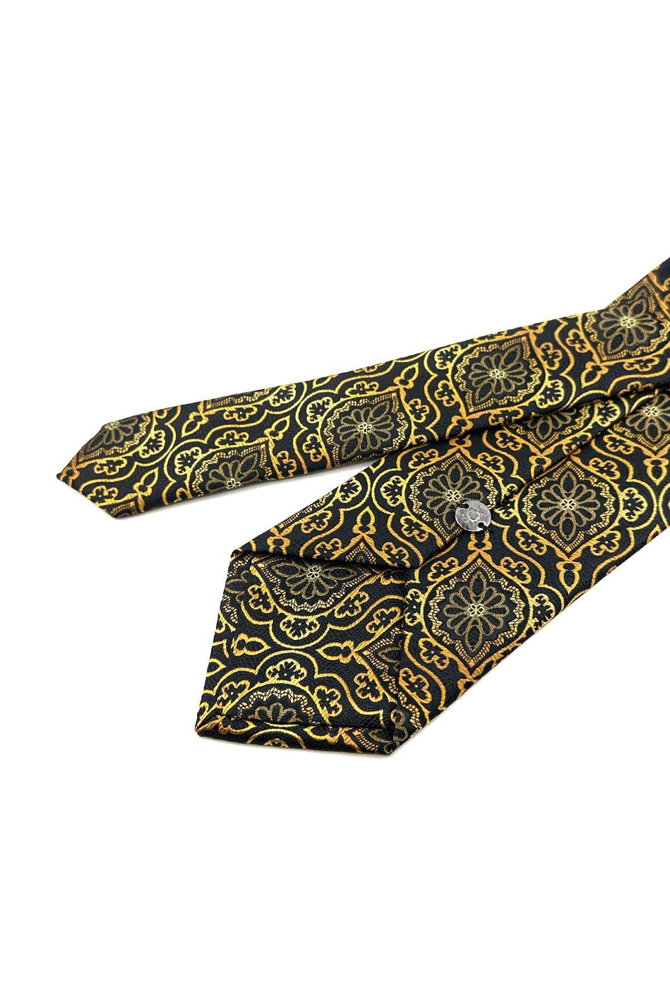 Siyah - Sarı Motif Desen Mendilli Klasik Kravat KK11980