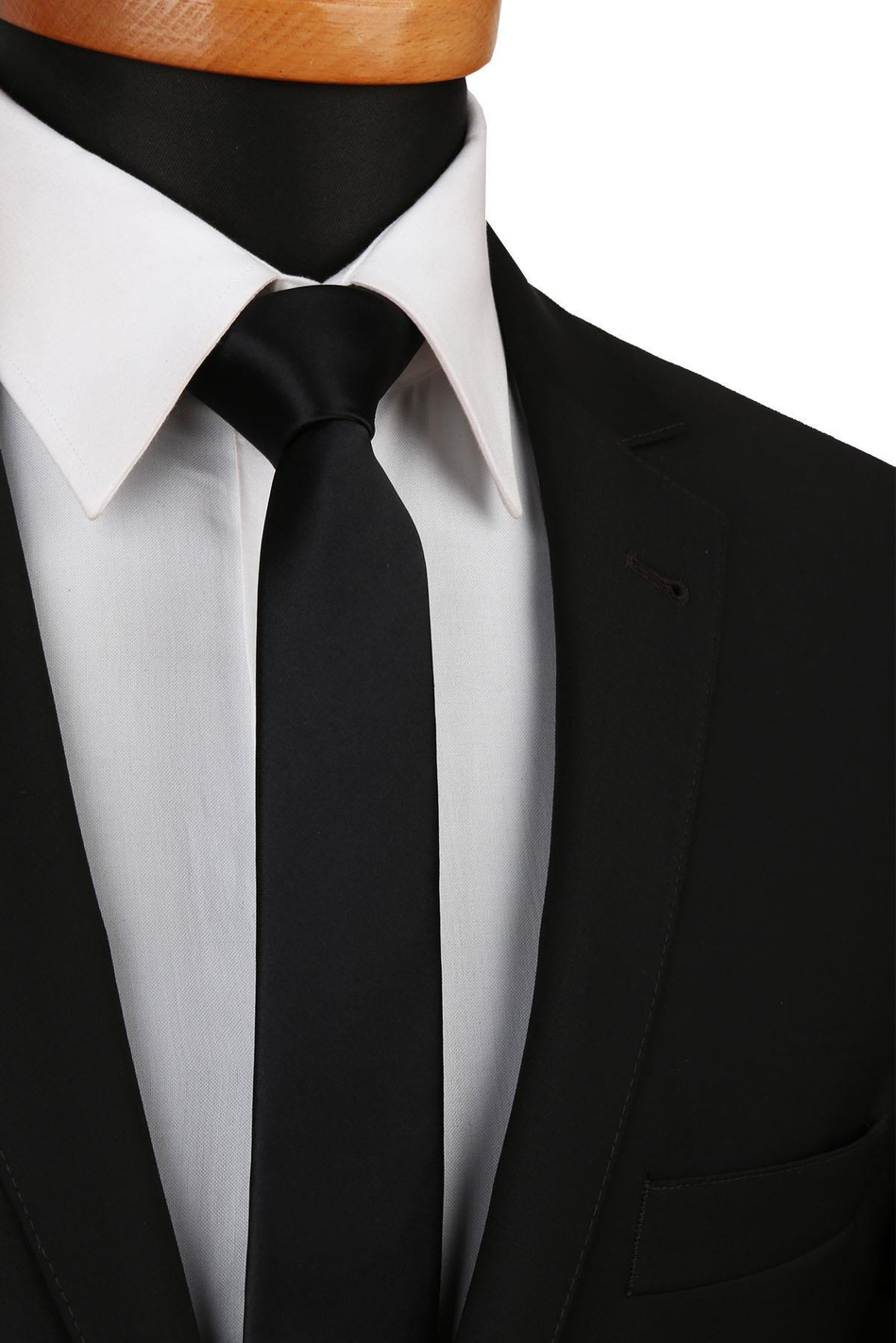 Siyah Saten Düz Çok İnce Kravat UST11