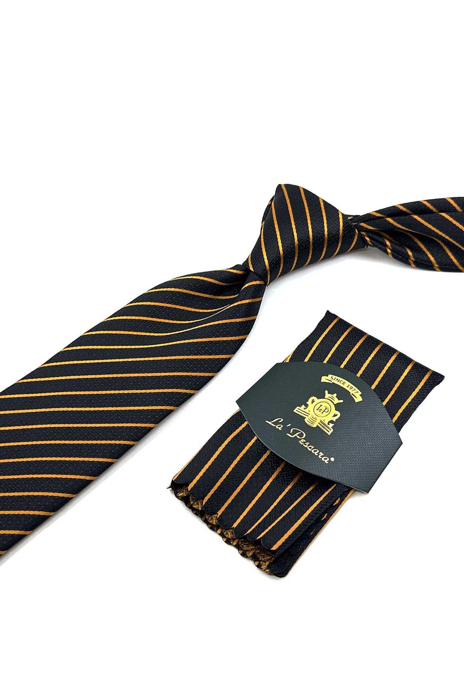 Siyah - Turuncu Çizgi Desen Mendilli Klasik Kravat KK12331
