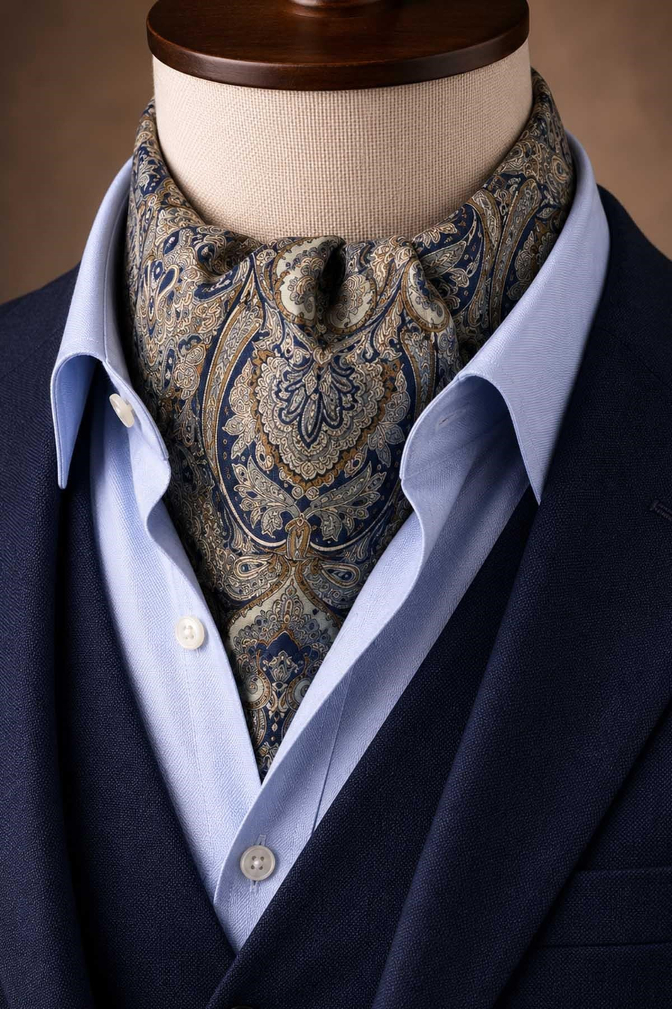 Su Yeşili Lacivert Şal Desen İtalyan İpek Ascot Kravat SAC69