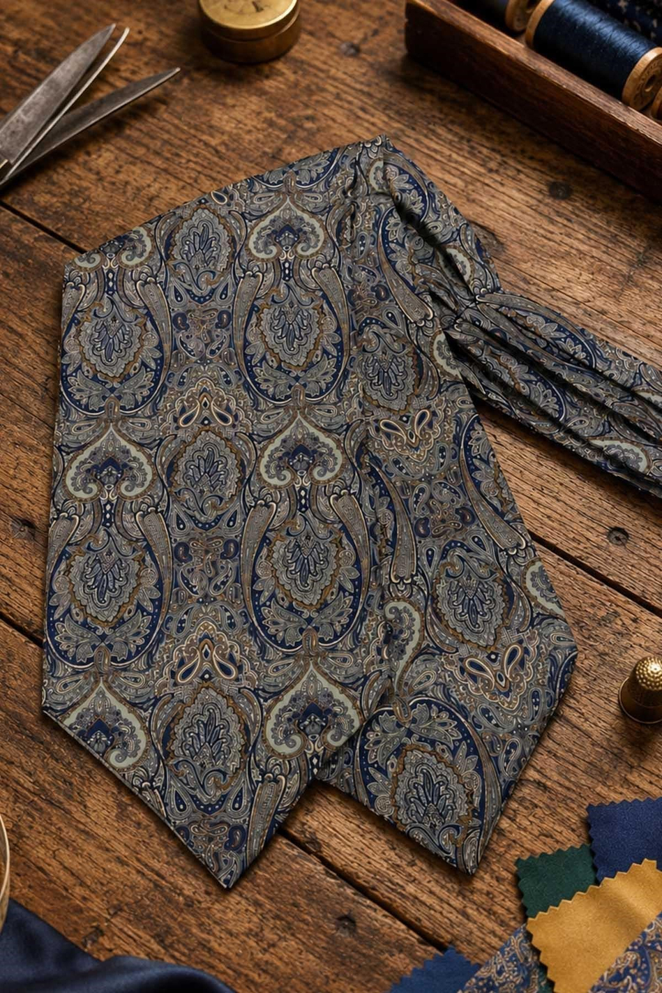Su Yeşili Lacivert Şal Desen İtalyan İpek Ascot Kravat SAC69