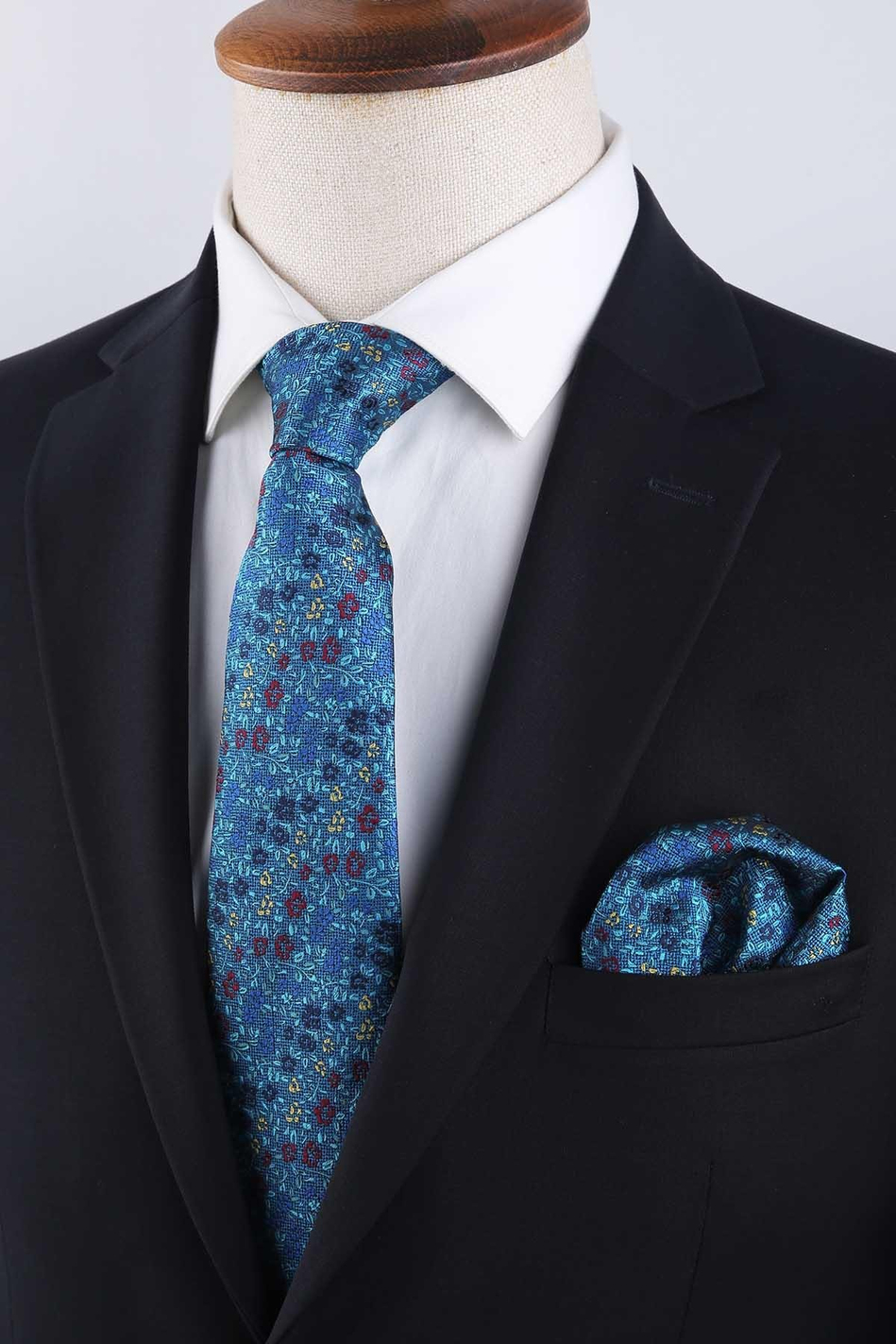 Turkuaz Çiçek Desen Mendilli Klasik Kravat KK13156