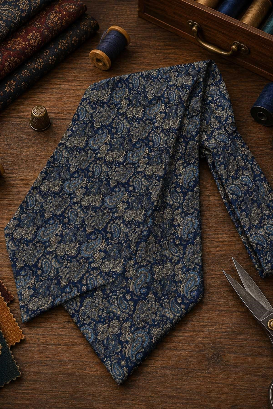 Turkuaz Lacivert Şal Desen İtalyan İpek Ascot Kravat SAC96