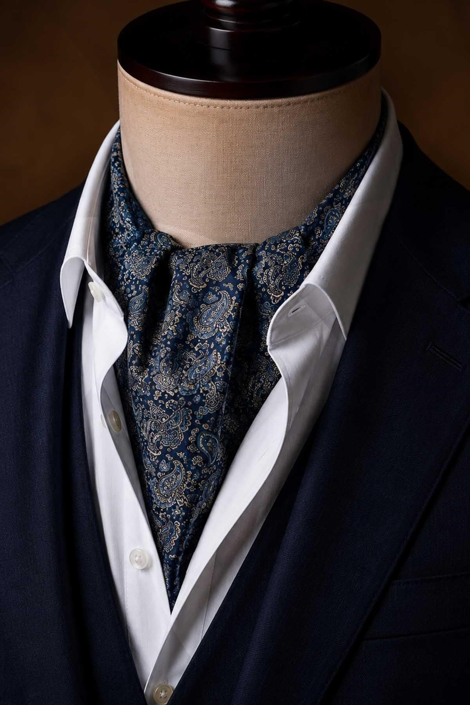 Turkuaz Lacivert Şal Desen İtalyan İpek Ascot Kravat SAC96