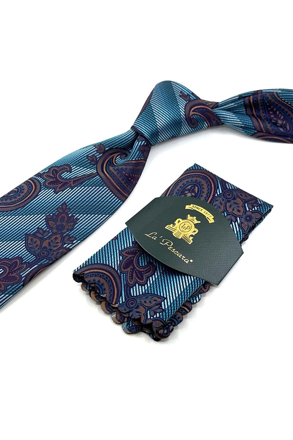 Turkuaz Şal Desen Mendilli Klasik Kravat KK12046