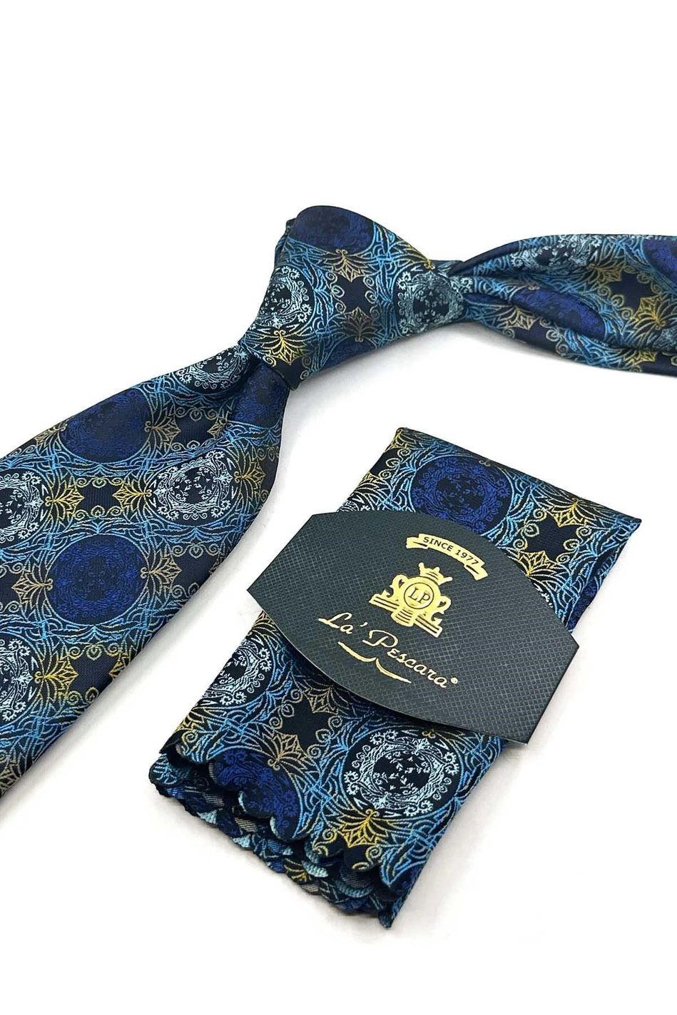 Turkuaz Sarı Motif Desen Mendilli Klasik Kravat KK13726