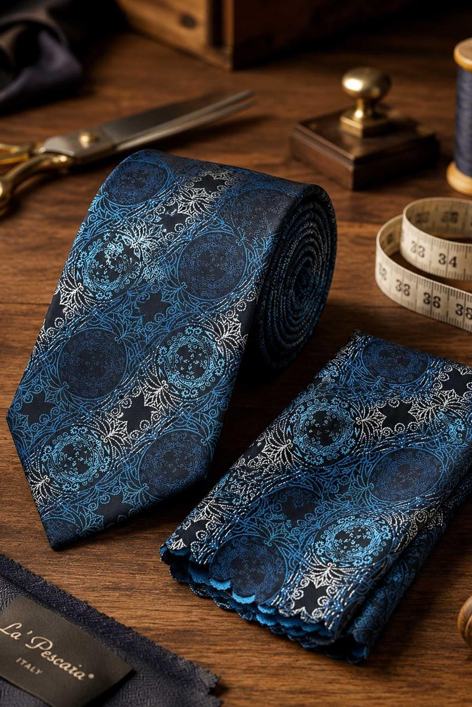 Turkuaz Siyah Motif Desen Mendilli Klasik Kravat KK13728