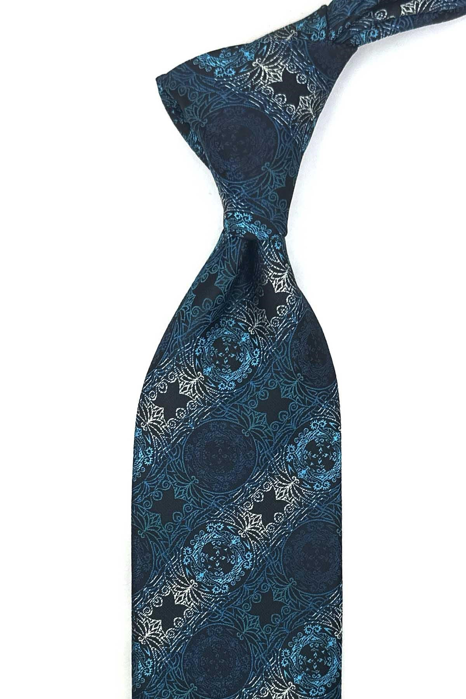 Turkuaz Siyah Motif Desen Mendilli Klasik Kravat KK13728