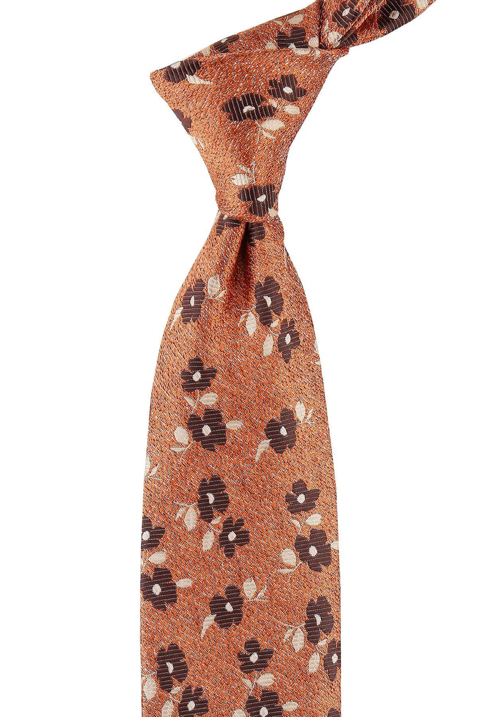 Turuncu Çiçek Desen Mendilli Klasik Kravat KK10739