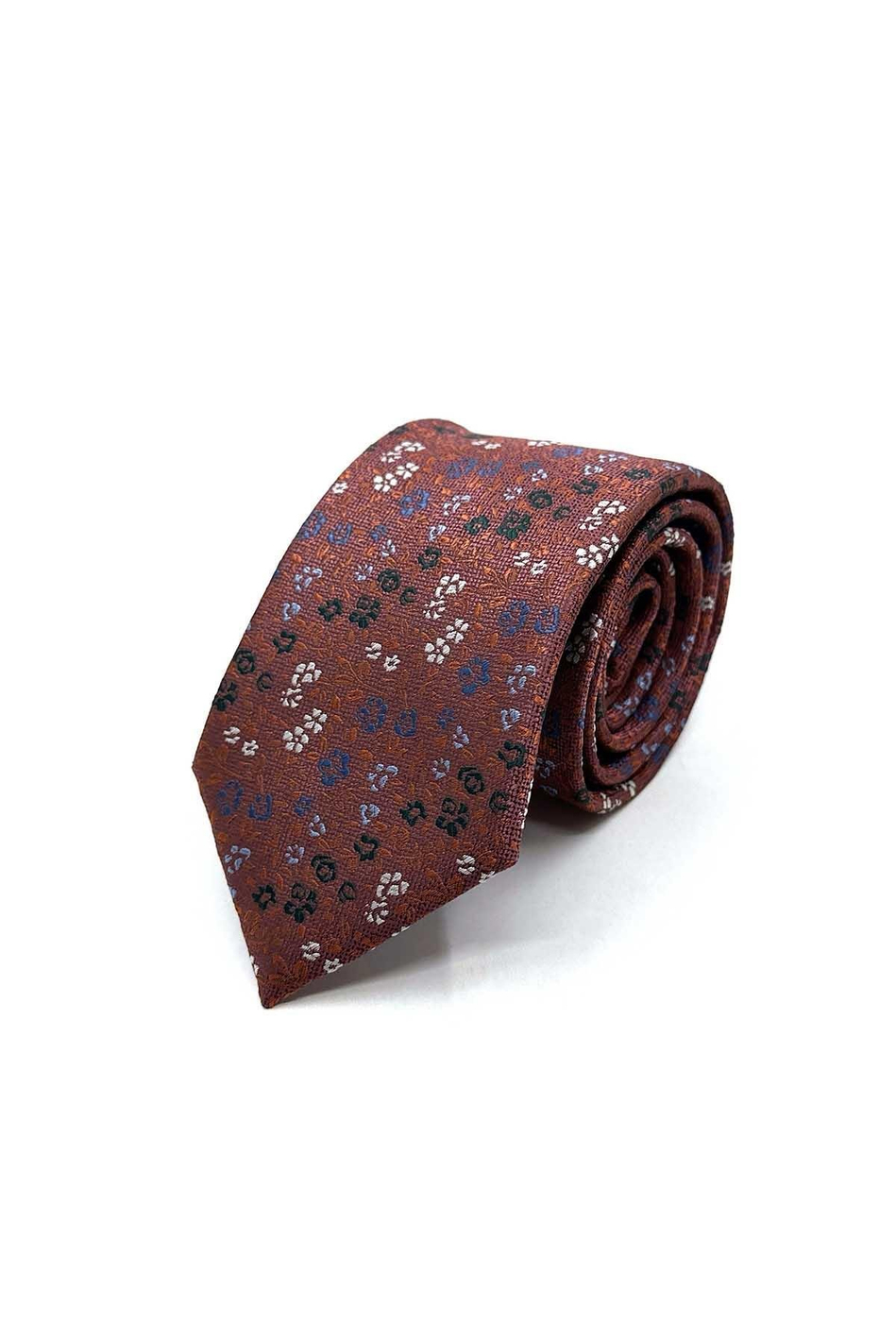 Turuncu Çiçek Desen Mendilli Klasik Kravat KK13157