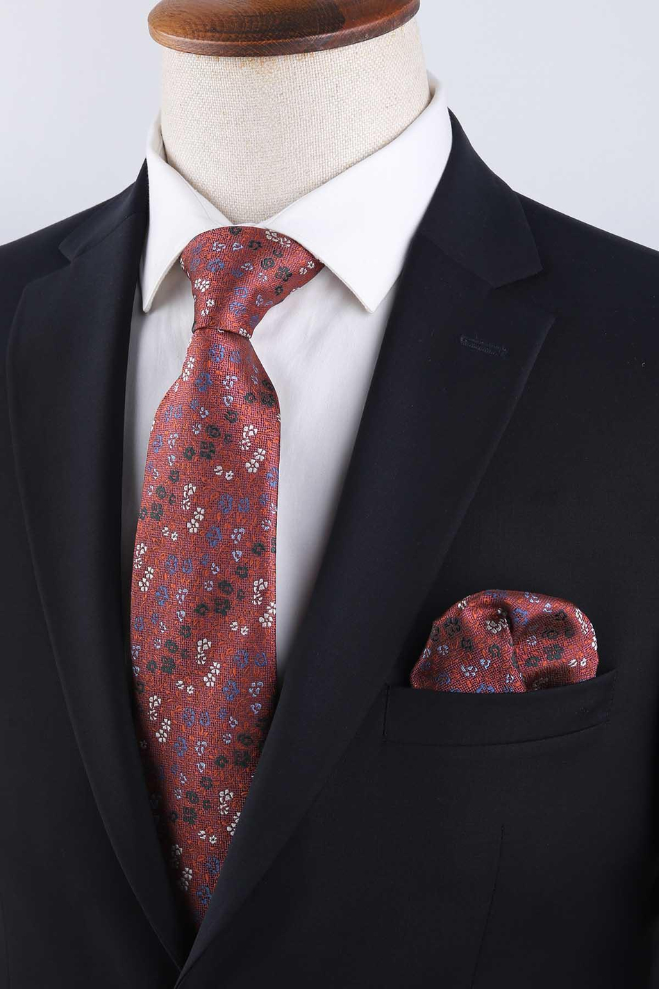 Turuncu Çiçek Desen Mendilli Klasik Kravat KK13157
