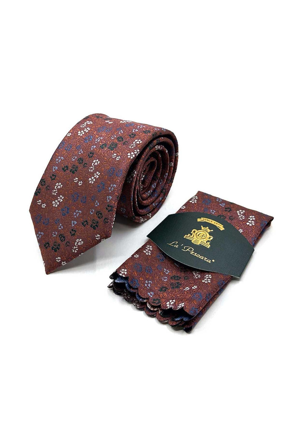 Turuncu Çiçek Desen Mendilli Klasik Kravat KK13157