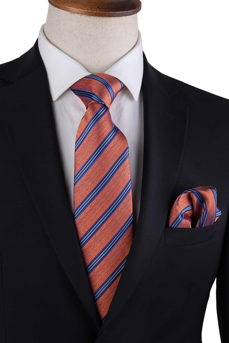 Turuncu Çizgi Desen Mendilli Klasik Kravat KK13193