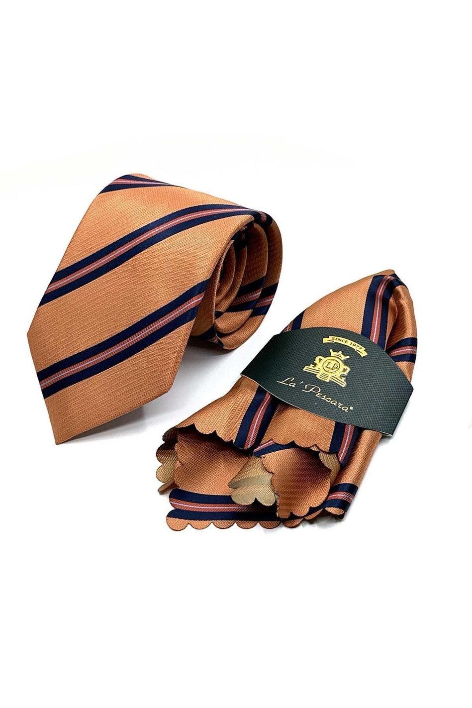 Turuncu Çizgi Desen Mendilli Klasik Kravat KK12827