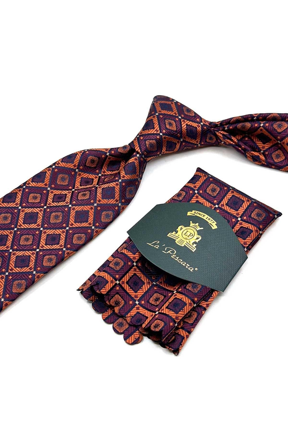 Turuncu Kare Desen Mendilli Klasik Kravat KK12867