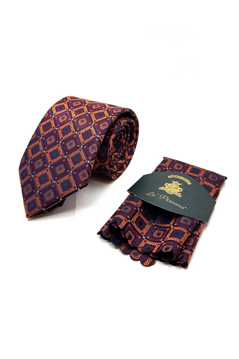 Turuncu Kare Desen Mendilli Klasik Kravat KK12867