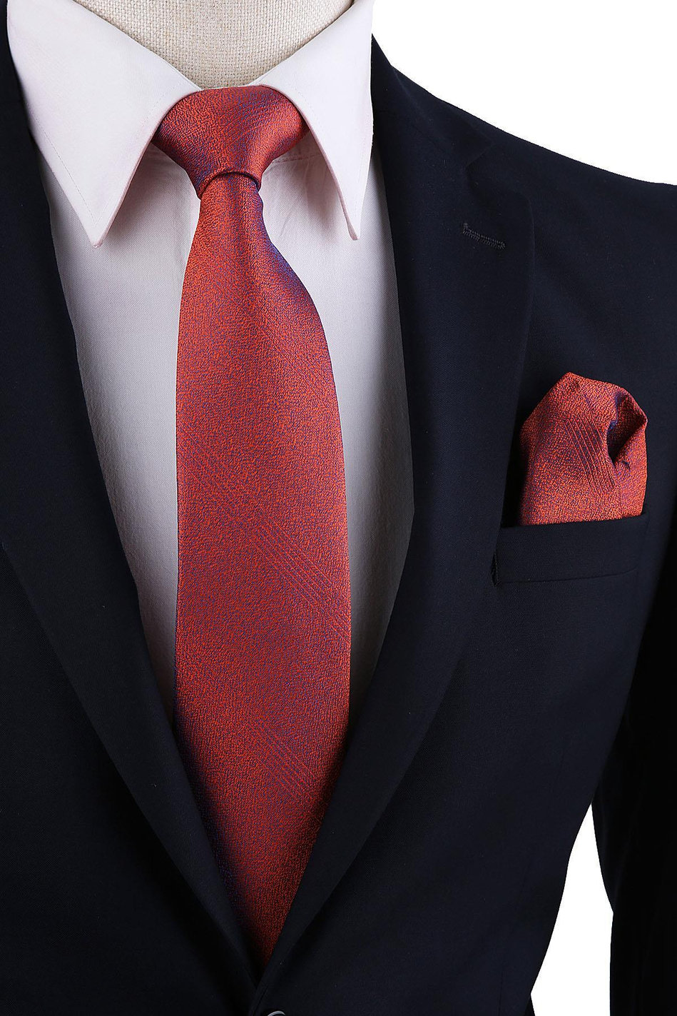 Turuncu Kendinden Desen Mendilli Klasik Kravat KK10262