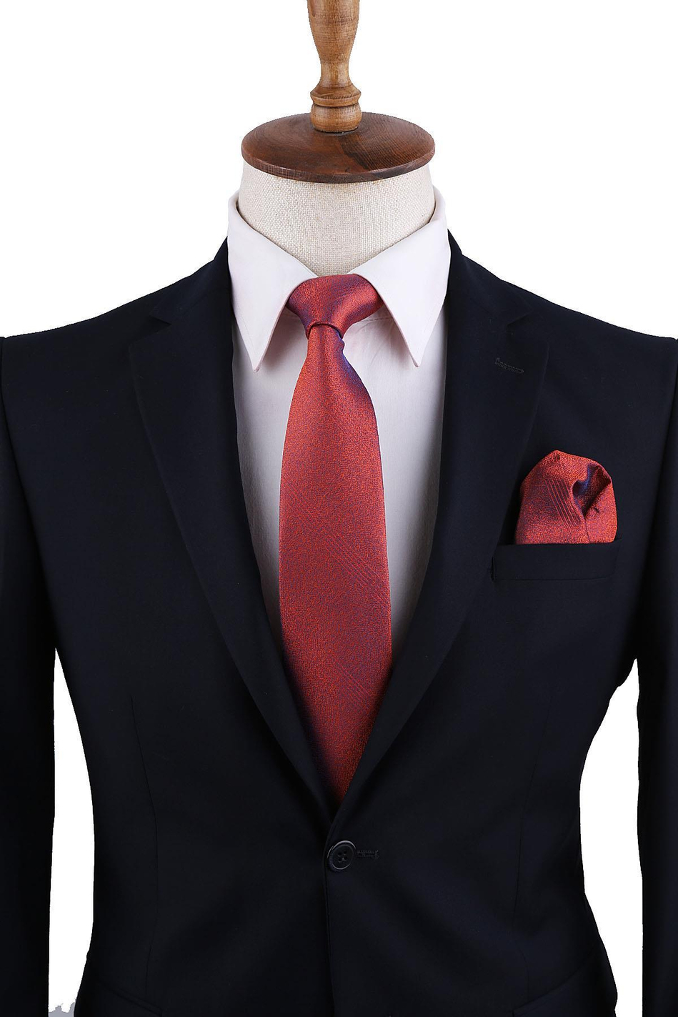 Turuncu Kendinden Desen Mendilli Klasik Kravat KK10262