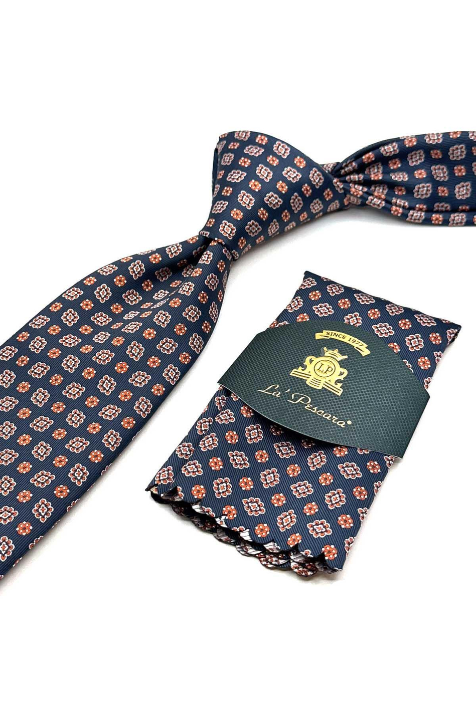 Turuncu - Laci Motif Desen Mendilli Klasik Kravat KK12984