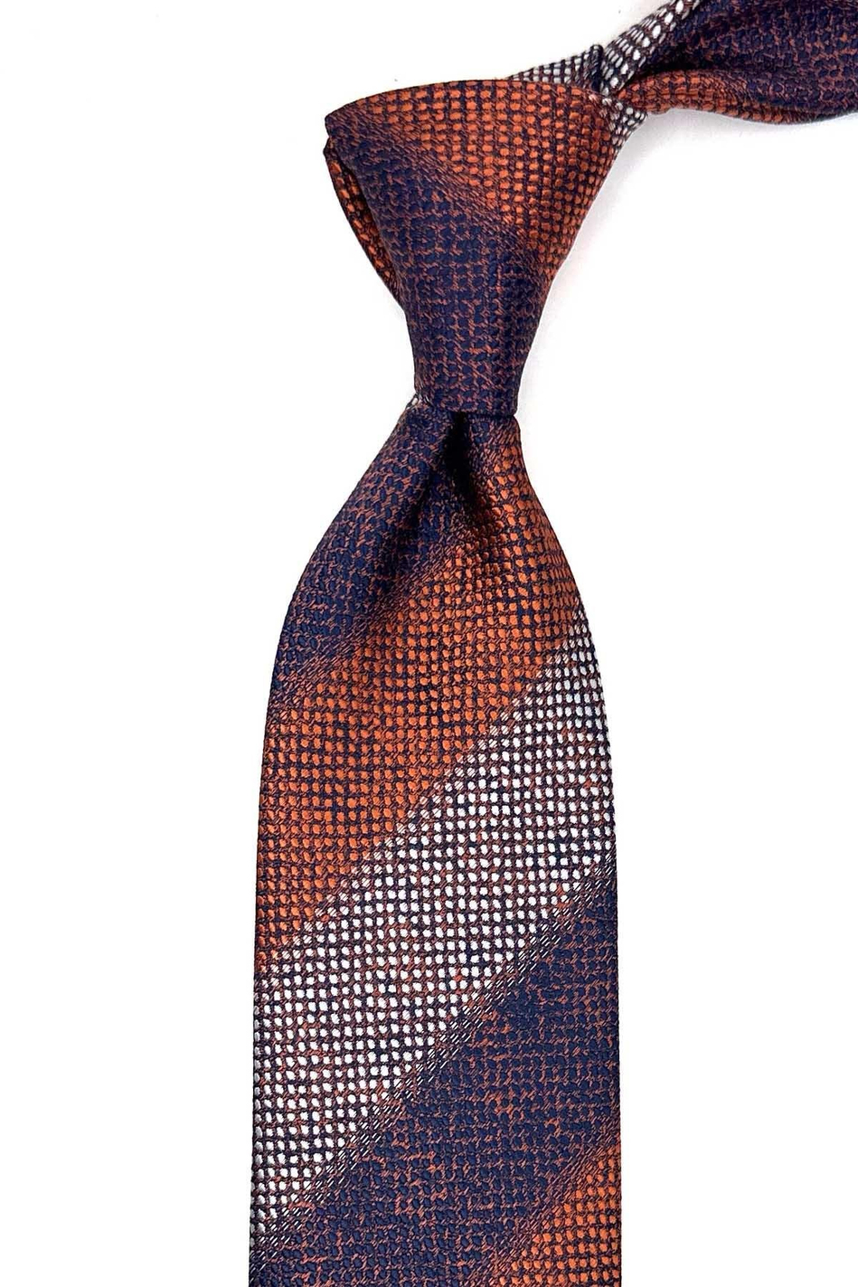Turuncu - Lacivert Çizgi Desen Mendilli Klasik Kravat KK13073