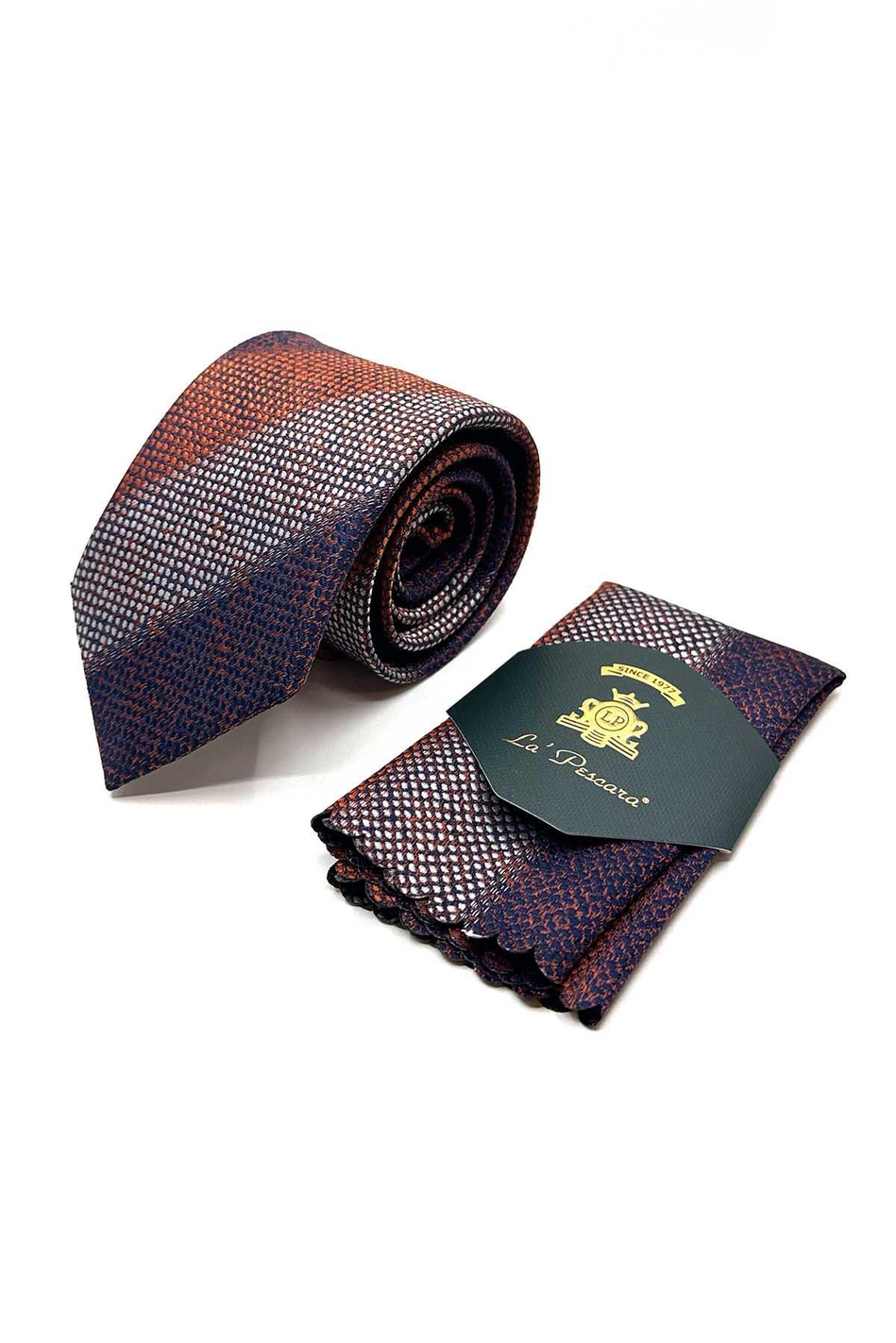 Turuncu - Lacivert Çizgi Desen Mendilli Klasik Kravat KK13073
