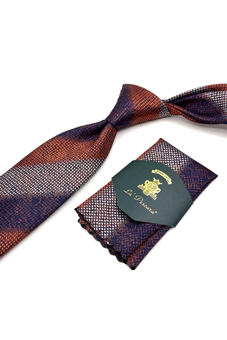 Turuncu - Lacivert Çizgi Desen Mendilli Klasik Kravat KK13073