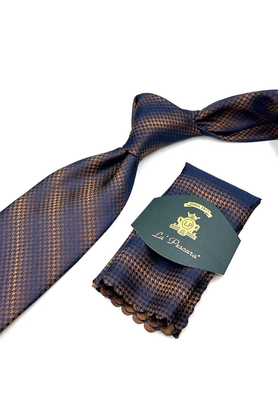 Turuncu - Lacivert Kaz Ayağı Mendilli Klasik Kravat KK13017