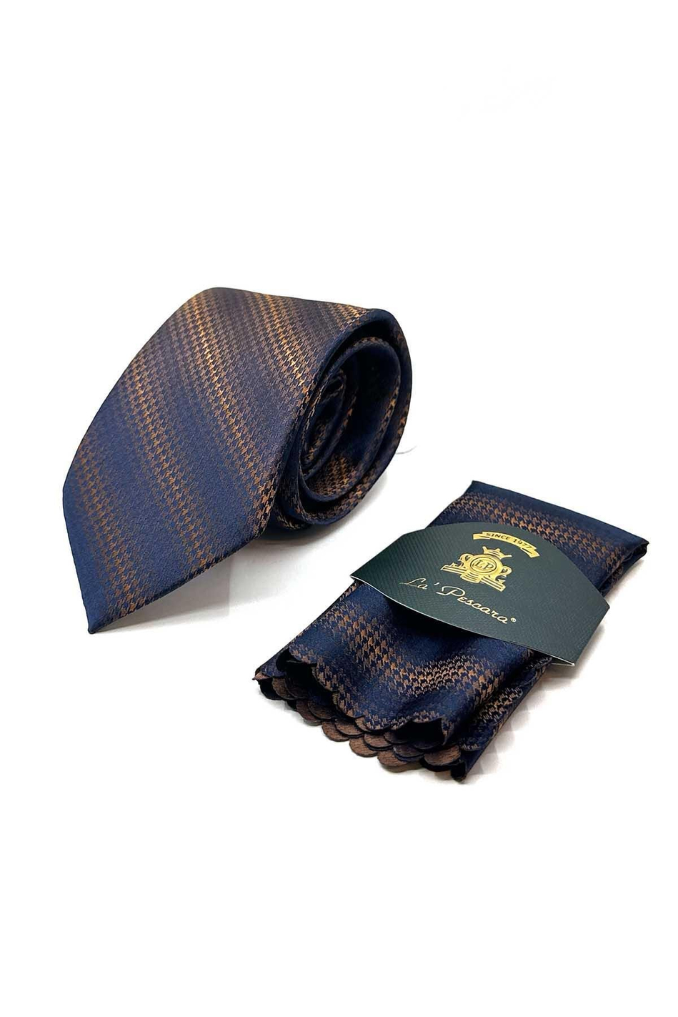 Turuncu - Lacivert Kaz Ayağı Mendilli Klasik Kravat KK13017