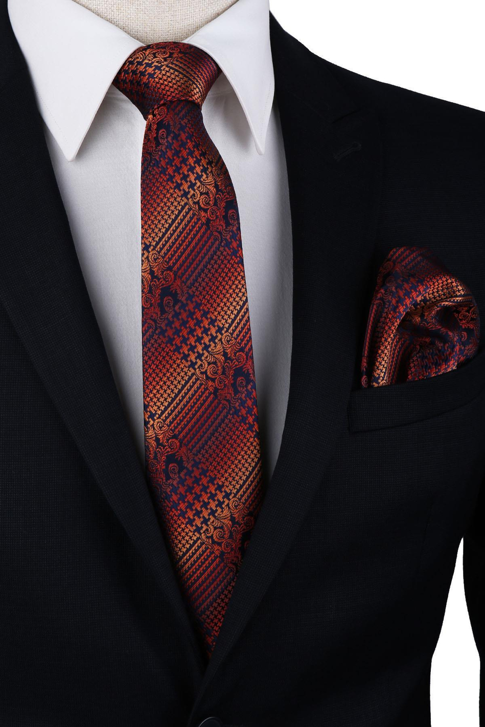 Turuncu - Lacivert Motif Desen Mendilli Klasik Kravat KK9997