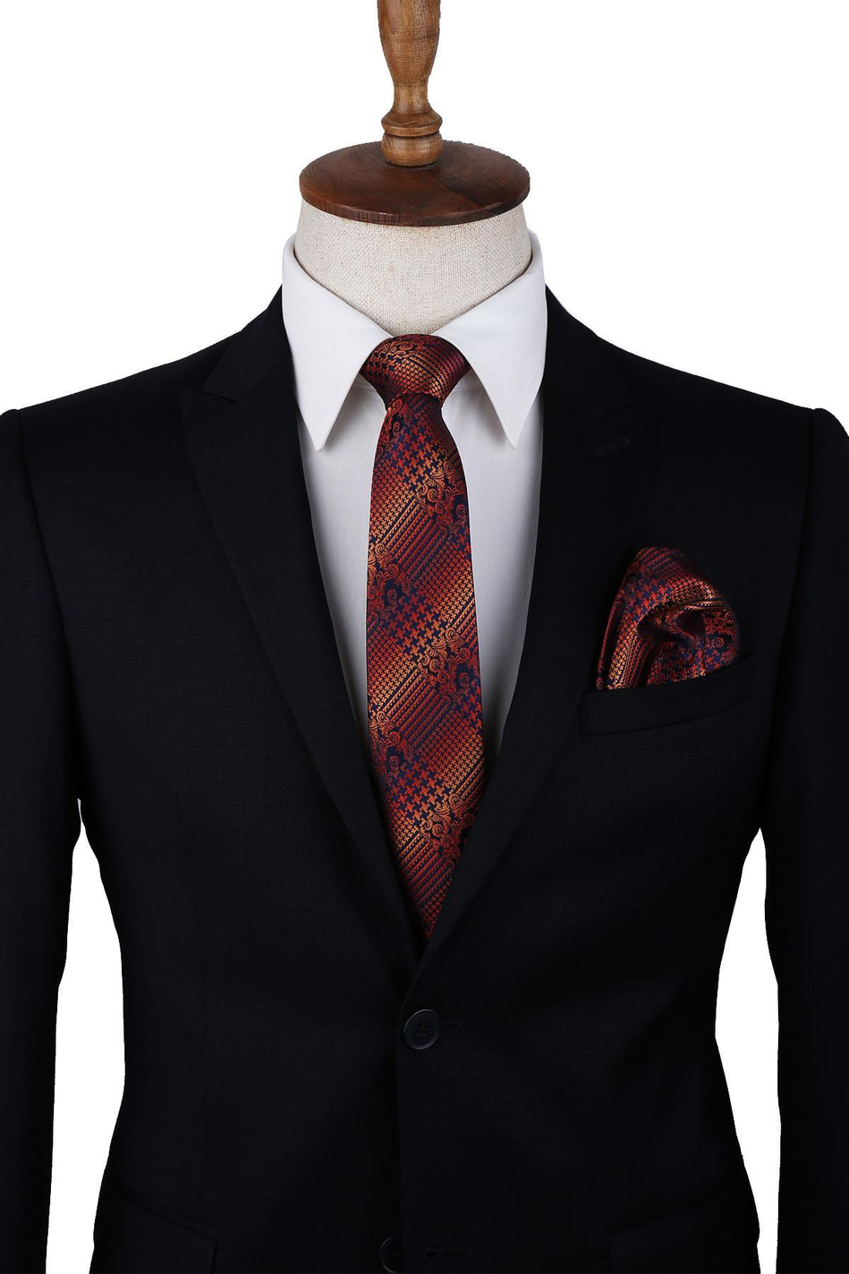 Turuncu - Lacivert Motif Desen Mendilli Klasik Kravat KK9997