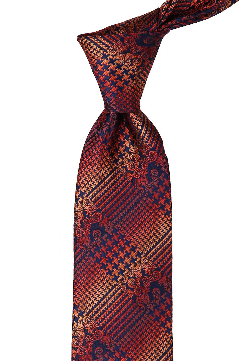 Turuncu - Lacivert Motif Desen Mendilli Klasik Kravat KK9997