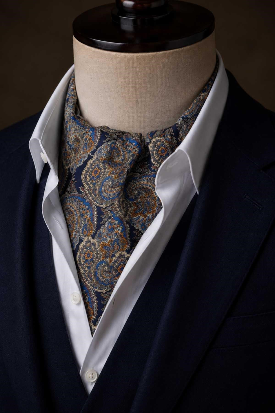 Turuncu Lacivert Şal Desen İtalyan İpek Ascot Kravat SAC88