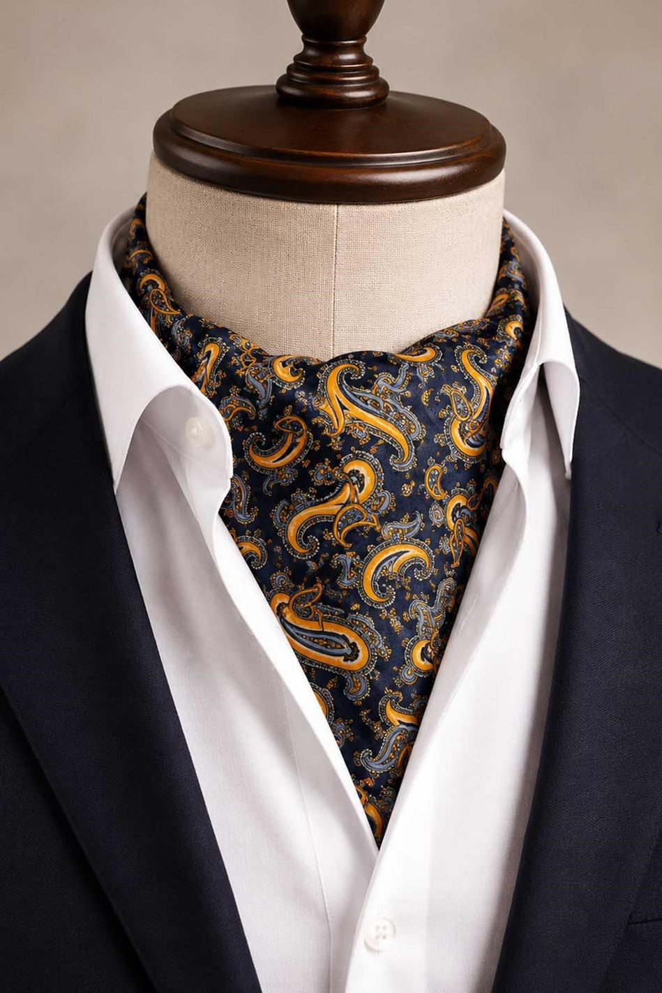 Turuncu Lacivert Şal Desen İtalyan İpek Ascot Kravat SAC144