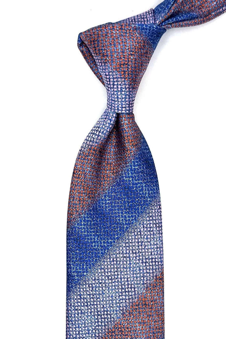 Turuncu - Mavi Çizgi Desen Mendilli Klasik Kravat KK13070