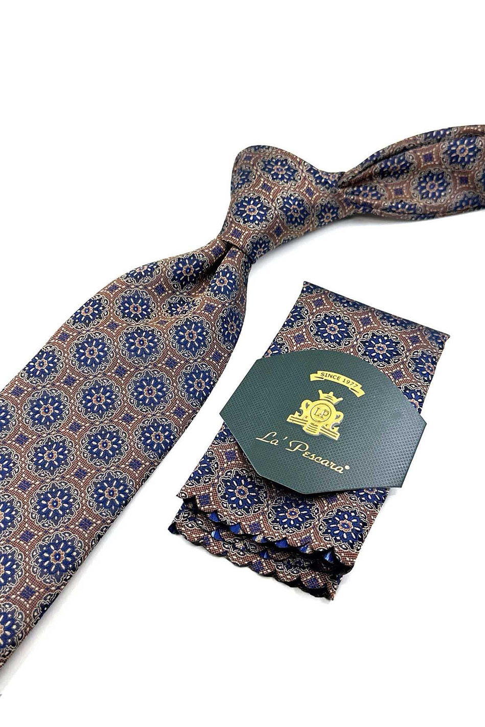 Turuncu - Mavi Motif Desen Mendilli Klasik Kravat KK12673