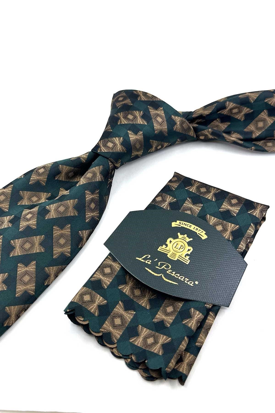 Yeşil Bej Motif Desen Mendilli Klasik Kravat KK13936